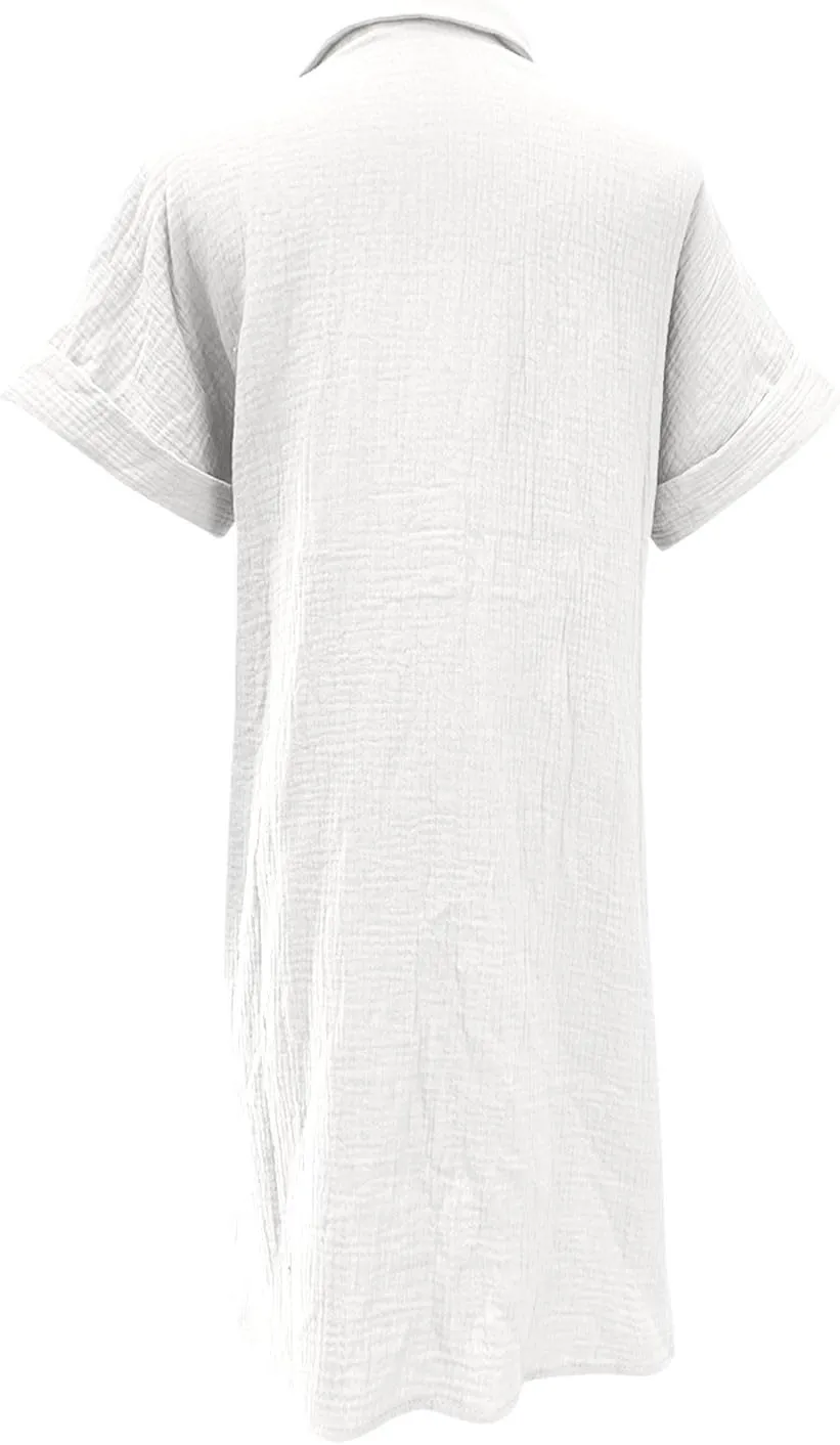 Womens Cotton Short Sleeve Shirt Dress Casual Loose Fit Button Down Mini Dress with Pockets Summer Beach Sundress