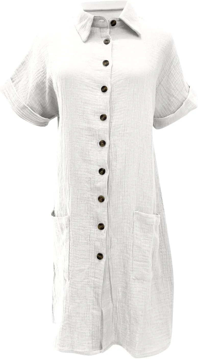 Womens Cotton Short Sleeve Shirt Dress Casual Loose Fit Button Down Mini Dress with Pockets Summer Beach Sundress