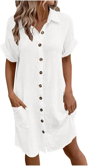 Womens Cotton Short Sleeve Shirt Dress Casual Loose Fit Button Down Mini Dress with Pockets Summer Beach Sundress