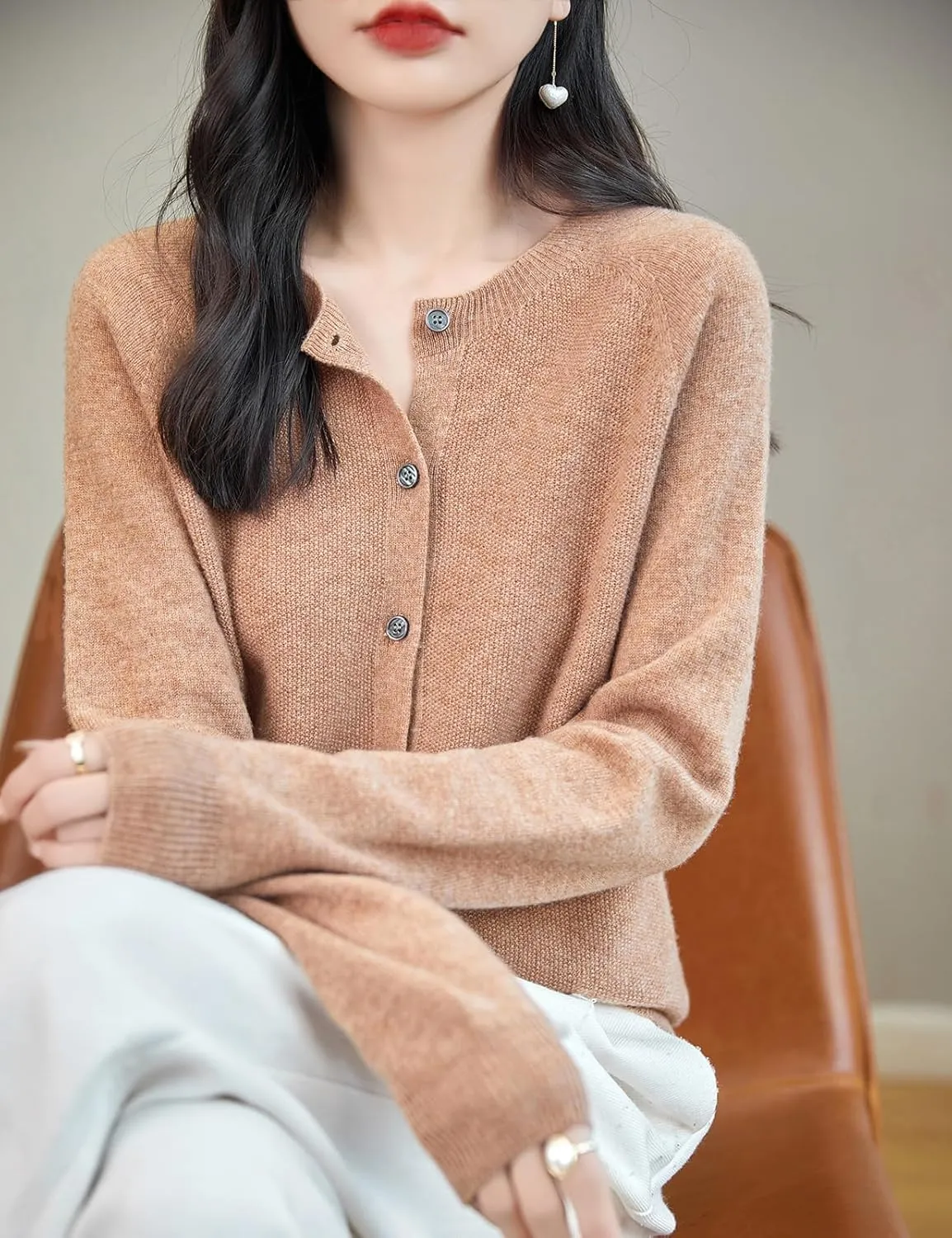 Women's Crewneck 100% Merino Wool Sweater 2025 Spring Fall Solid Long Sleeve Seamless Knitted Cardigan Sweater