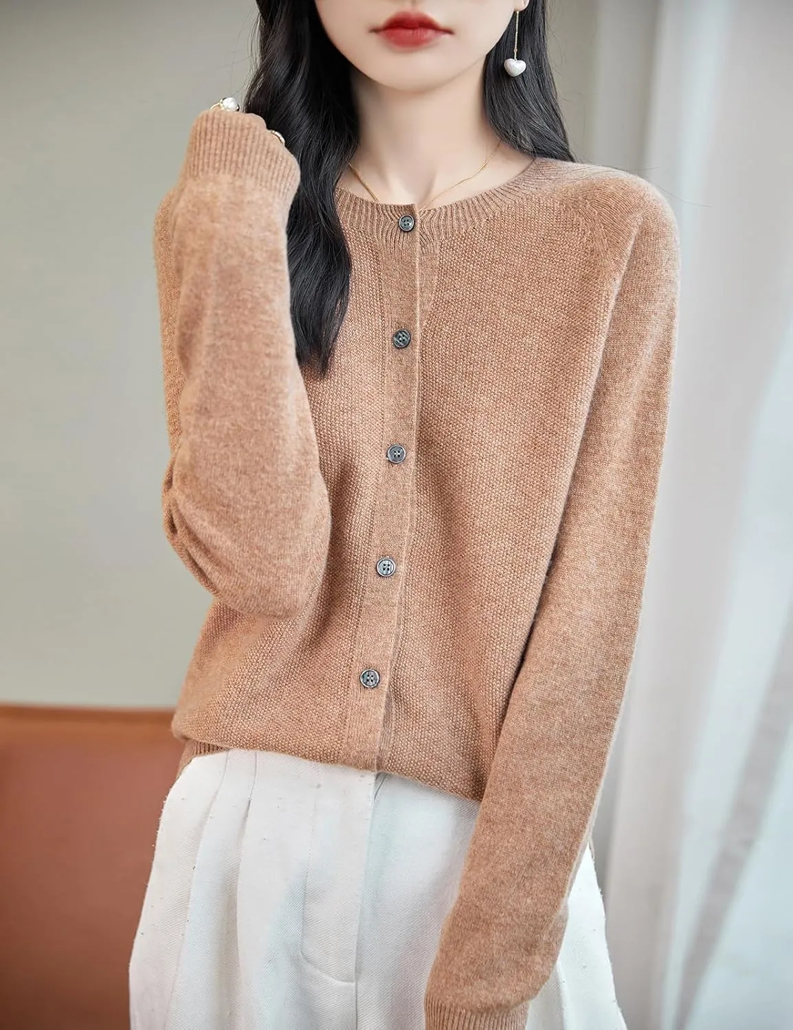 Women's Crewneck 100% Merino Wool Sweater 2025 Spring Fall Solid Long Sleeve Seamless Knitted Cardigan Sweater