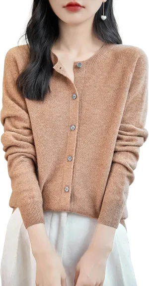 Women's Crewneck 100% Merino Wool Sweater 2025 Spring Fall Solid Long Sleeve Seamless Knitted Cardigan Sweater
