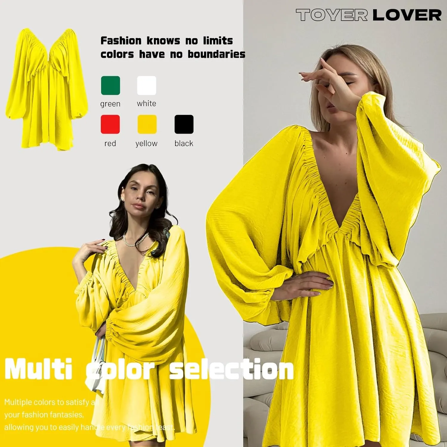 Women's Deep V-Neck Long Puff Sleeve Mini Dress - Sexy Backless Bodycon Dress Soft Flared Hem Dress Summer Spring