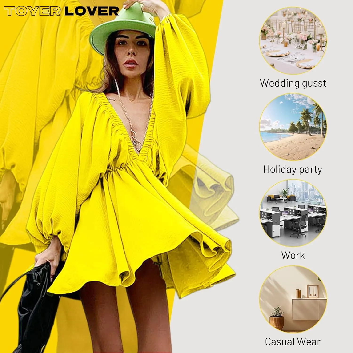 Women's Deep V-Neck Long Puff Sleeve Mini Dress - Sexy Backless Bodycon Dress Soft Flared Hem Dress Summer Spring