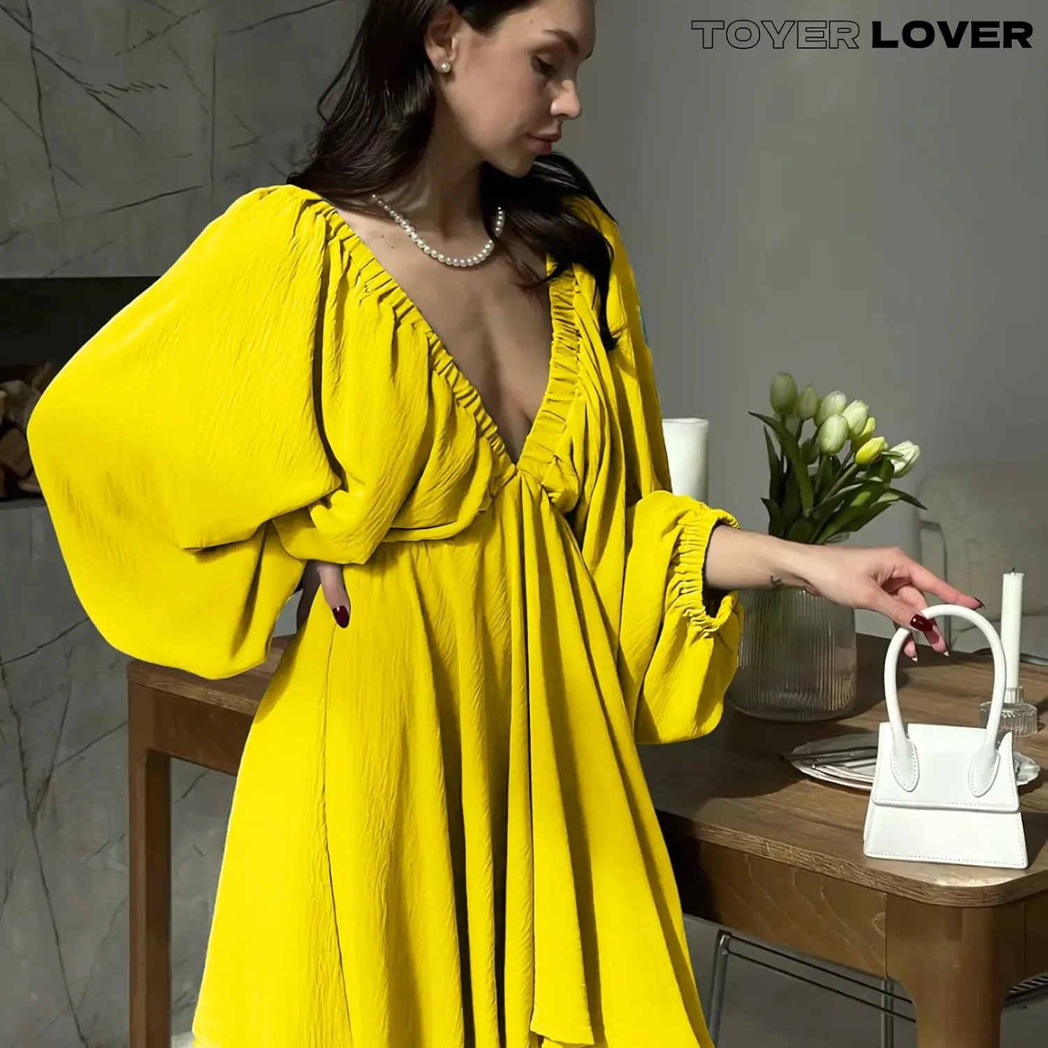 Women's Deep V-Neck Long Puff Sleeve Mini Dress - Sexy Backless Bodycon Dress Soft Flared Hem Dress Summer Spring