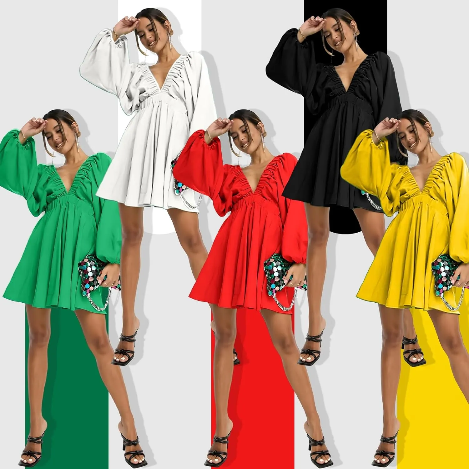 Women's Deep V-Neck Long Puff Sleeve Mini Dress - Sexy Backless Bodycon Dress Soft Flared Hem Dress Summer Spring