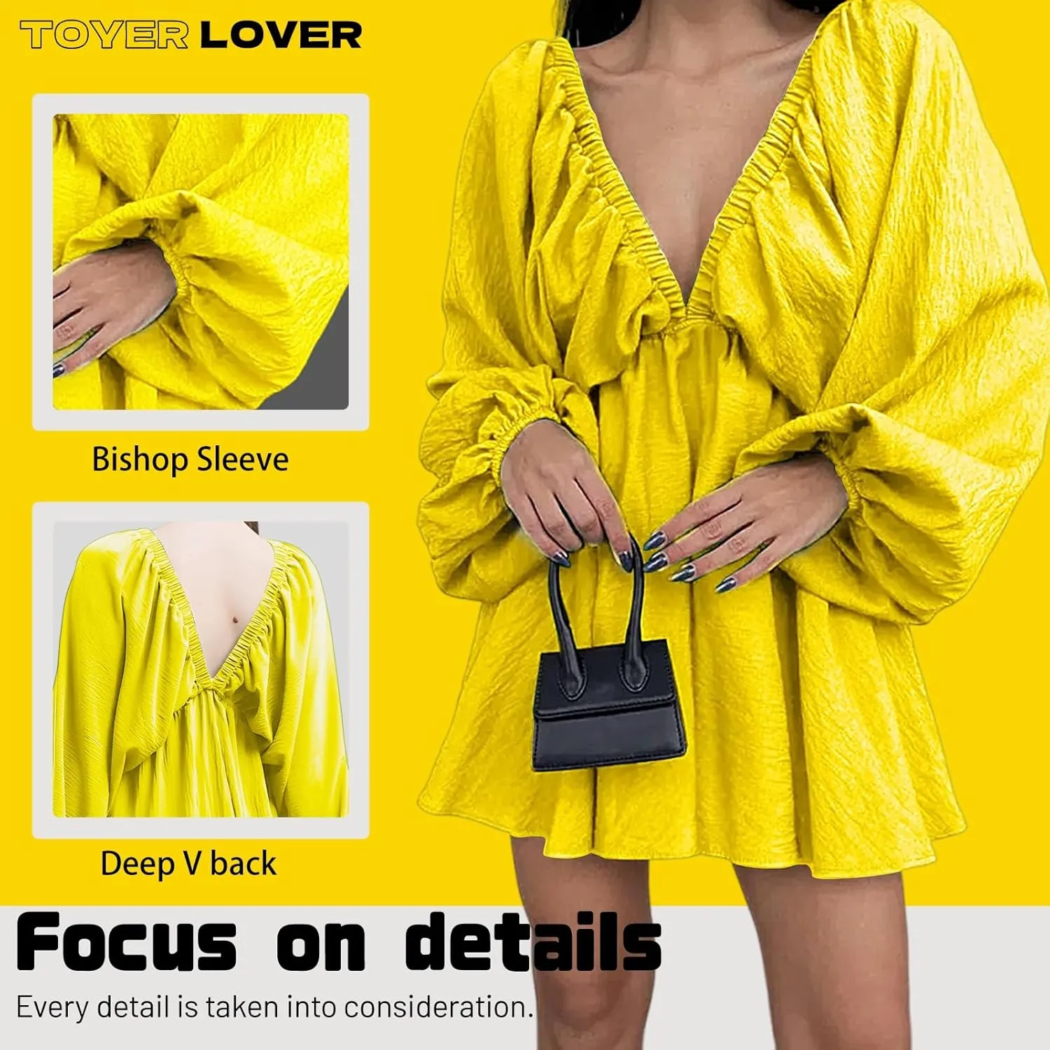 Women's Deep V-Neck Long Puff Sleeve Mini Dress - Sexy Backless Bodycon Dress Soft Flared Hem Dress Summer Spring
