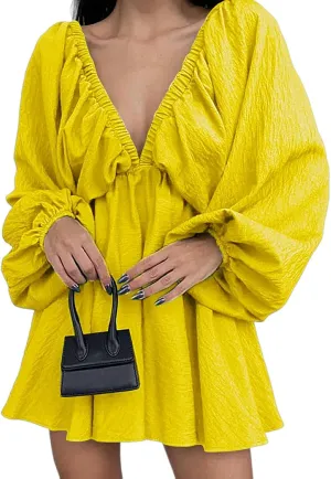 Women's Deep V-Neck Long Puff Sleeve Mini Dress - Sexy Backless Bodycon Dress Soft Flared Hem Dress Summer Spring