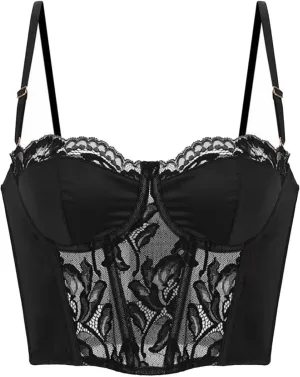 Women's Demi Bra Cropped Tank Spaghetti Strap Fishbone Trendy Camisole Lace Splicing Solid Top Body Shaping Blouse
