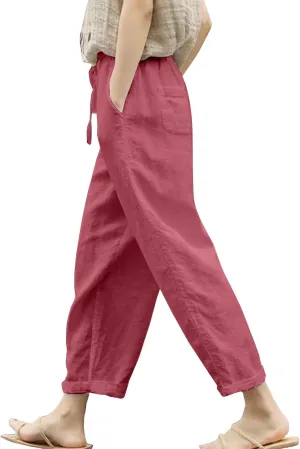 Womens Drawstring Waist Cotton Linen Pants Loose Casual Solid Color Trousers Summer Lightweight Pant with Pockets