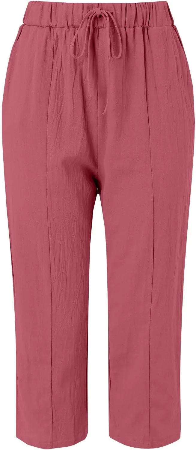 Womens Drawstring Waist Cotton Linen Pants Loose Casual Solid Color Trousers Summer Lightweight Pant with Pockets