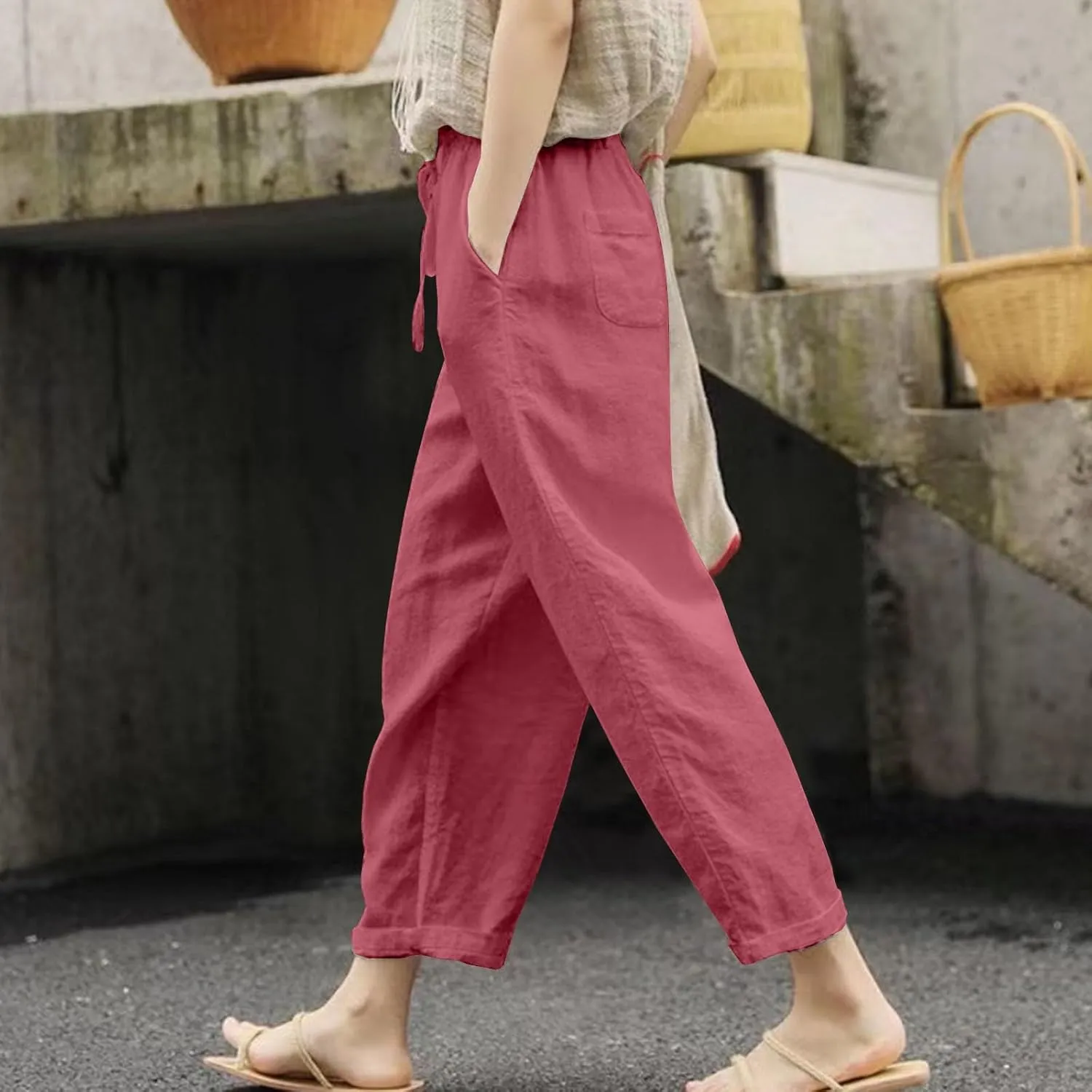 Womens Drawstring Waist Cotton Linen Pants Loose Casual Solid Color Trousers Summer Lightweight Pant with Pockets