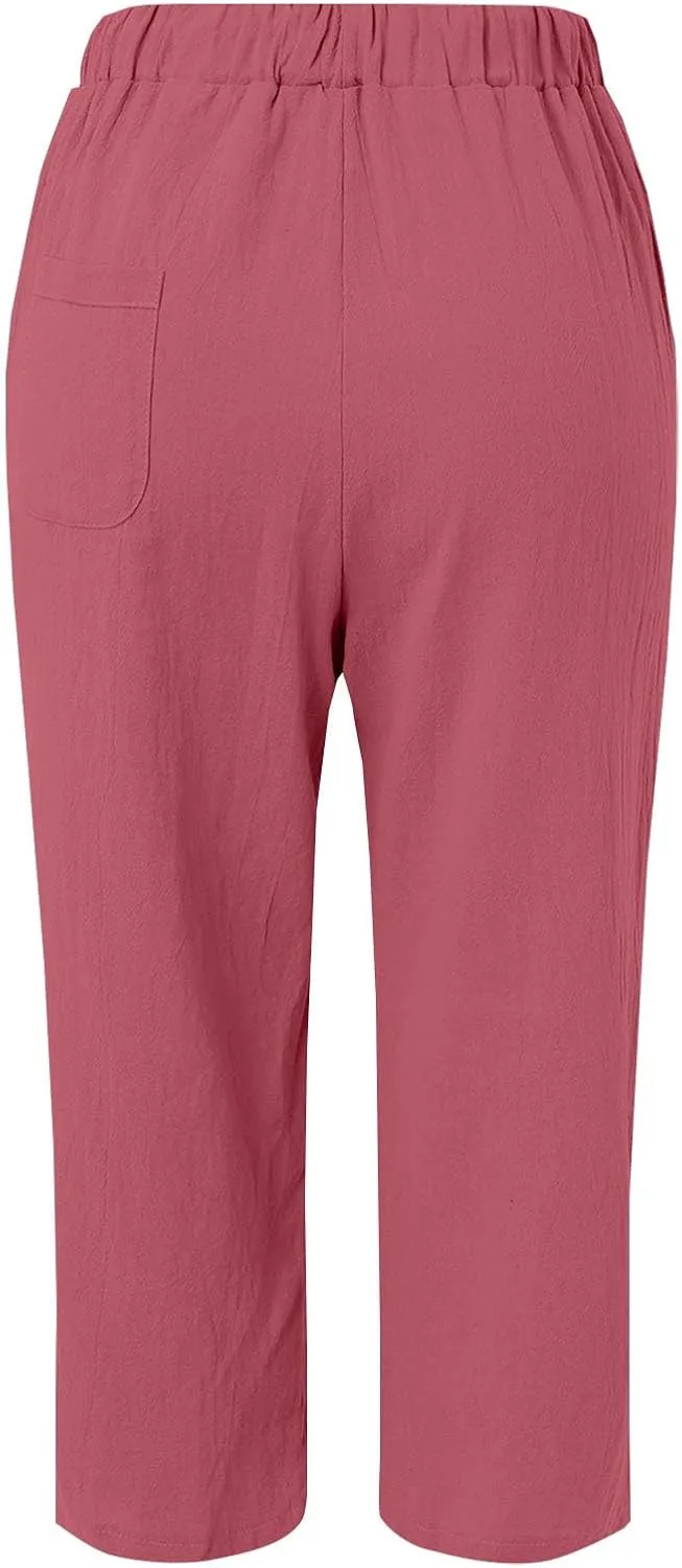 Womens Drawstring Waist Cotton Linen Pants Loose Casual Solid Color Trousers Summer Lightweight Pant with Pockets