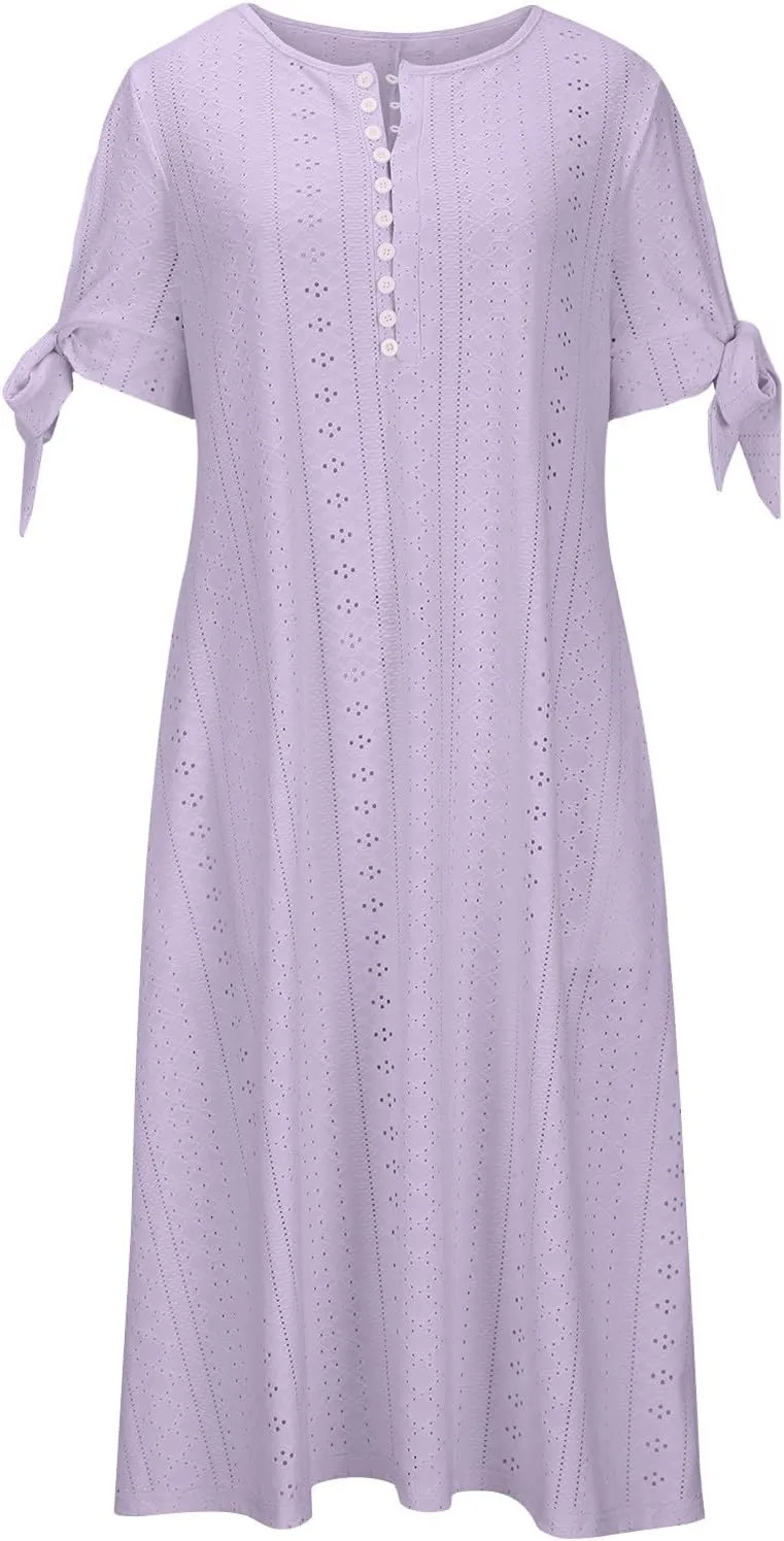 Women's Dresses Casual Eyelet Solid Color Hollow Out V Neck Button Dress Summer Fashion Summer Dress with Pockets