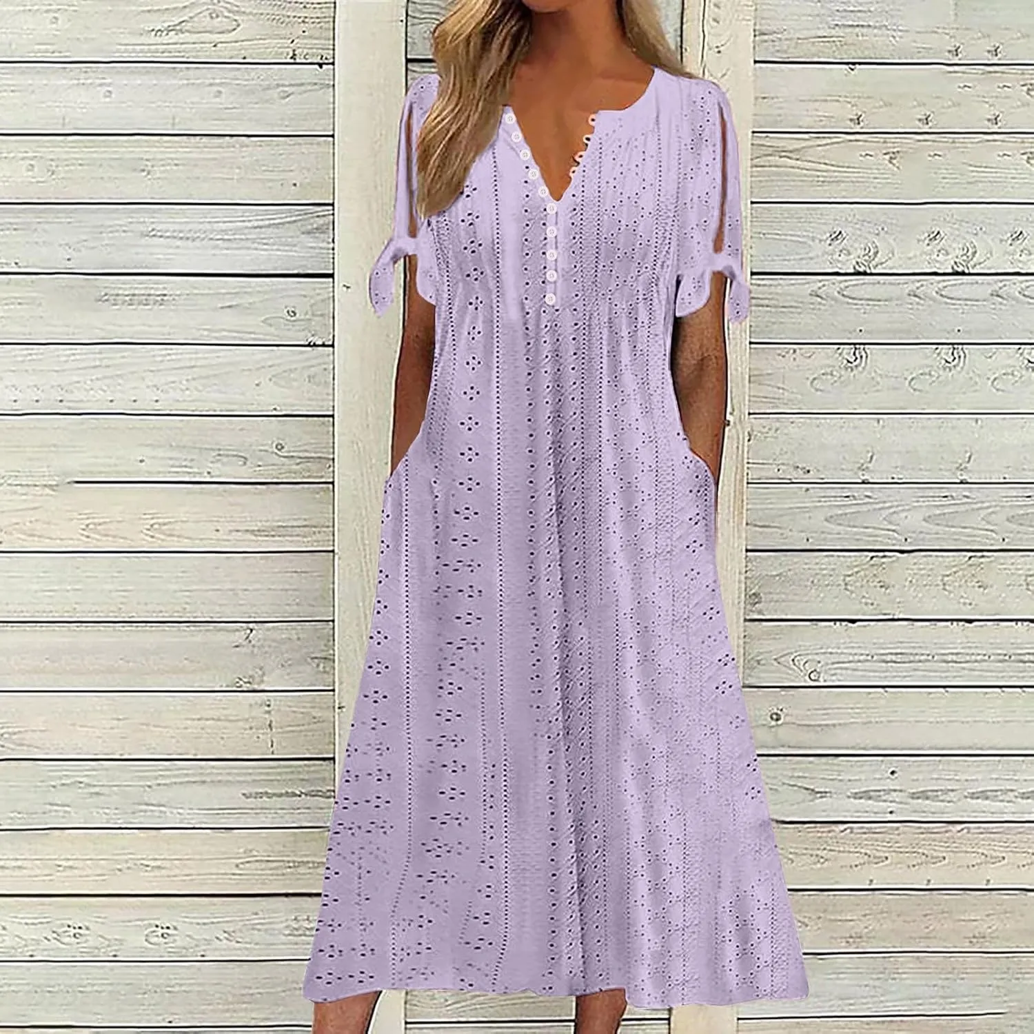 Women's Dresses Casual Eyelet Solid Color Hollow Out V Neck Button Dress Summer Fashion Summer Dress with Pockets