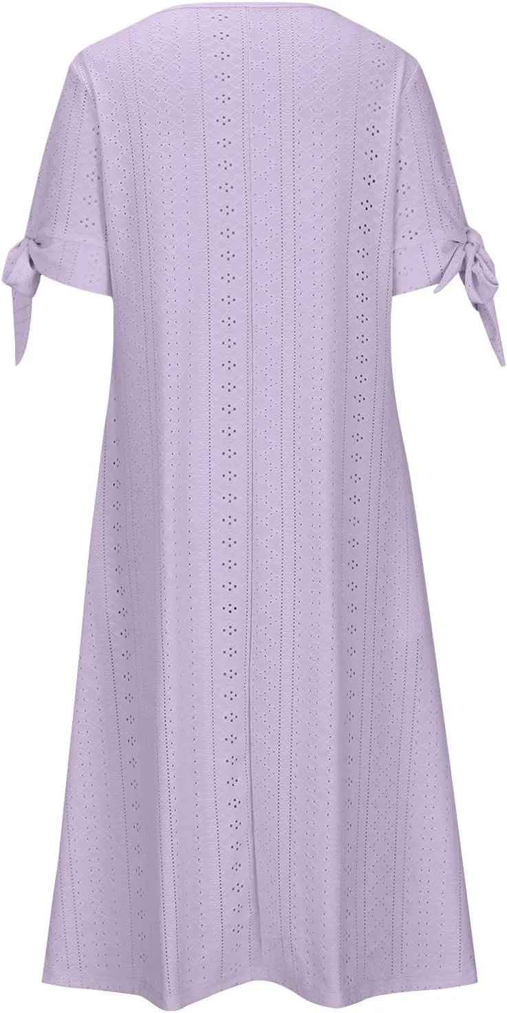 Women's Dresses Casual Eyelet Solid Color Hollow Out V Neck Button Dress Summer Fashion Summer Dress with Pockets