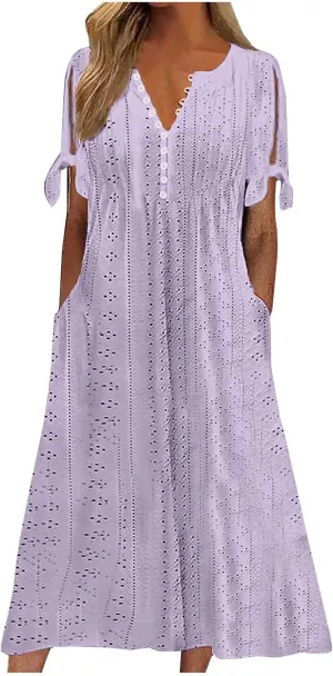 Women's Dresses Casual Eyelet Solid Color Hollow Out V Neck Button Dress Summer Fashion Summer Dress with Pockets
