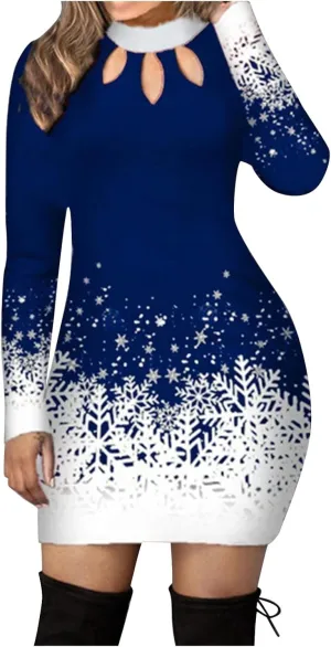 Women's Dresses Christmas Print Long Sleeve Turtleneck Knitted Dress Casual Elegant Sexy Slim Fit Bodycon Jumper Dress
