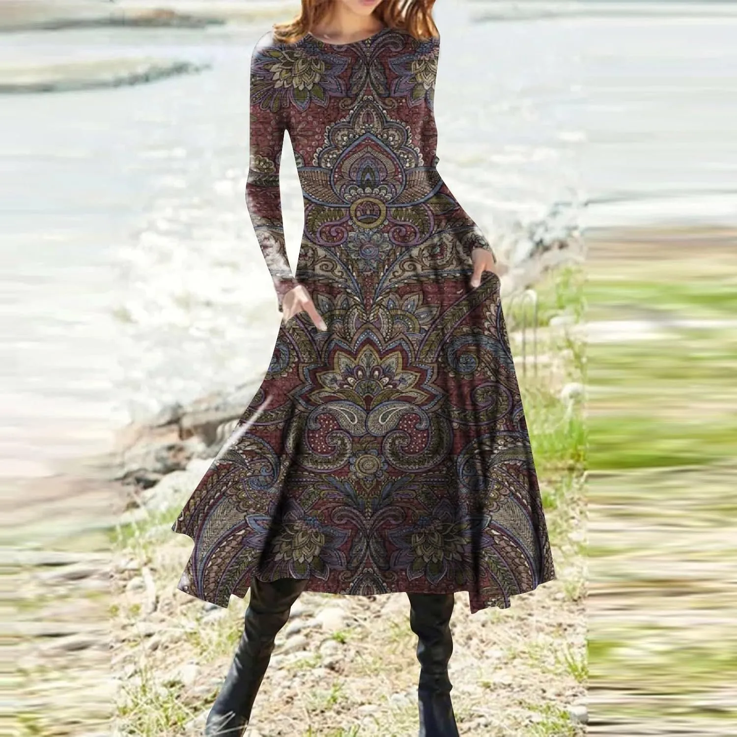 Womens Dresses Fall 2024 Fashion Floral Printed Long Dress Long Sleeve Round Neck Sundress