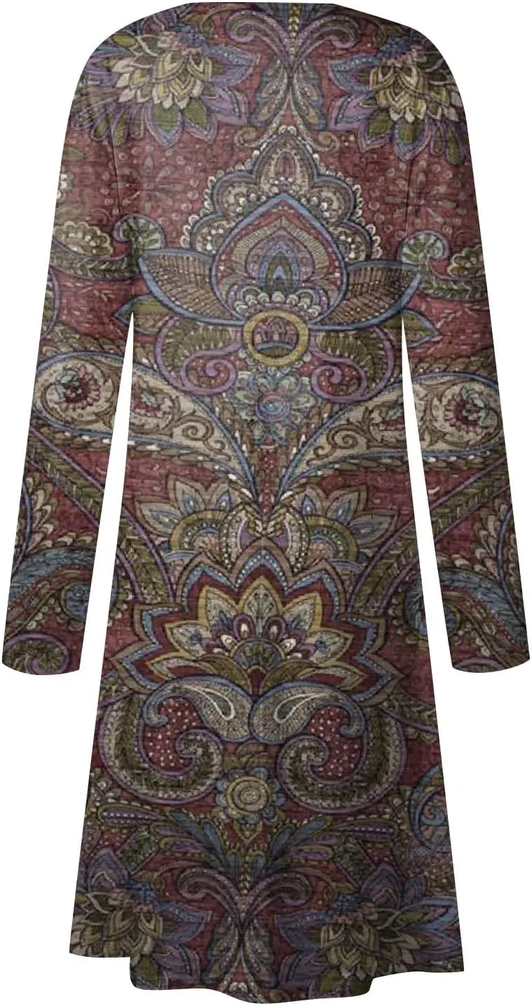 Womens Dresses Fall 2024 Fashion Floral Printed Long Dress Long Sleeve Round Neck Sundress
