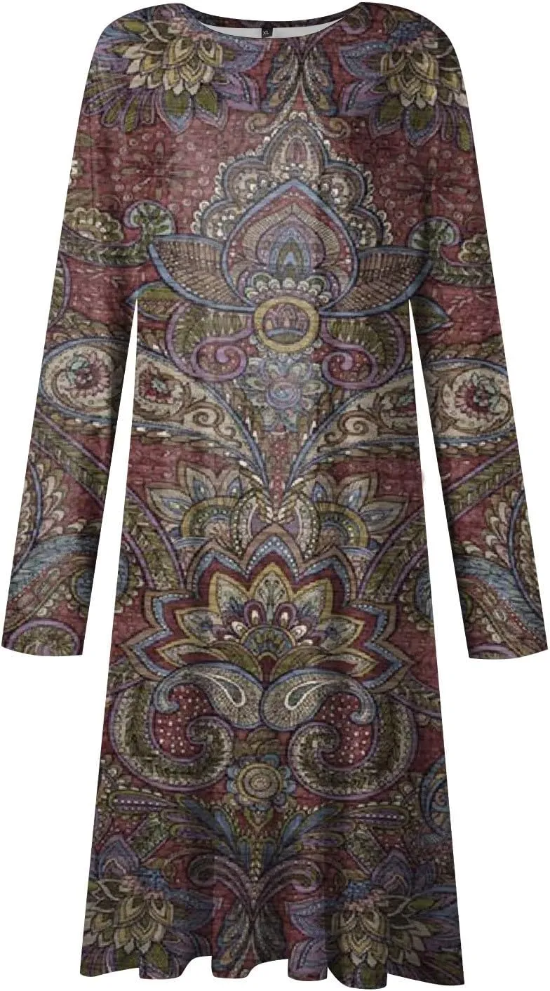 Womens Dresses Fall 2024 Fashion Floral Printed Long Dress Long Sleeve Round Neck Sundress