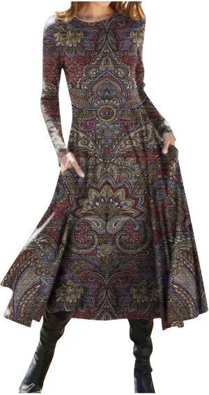 Womens Dresses Fall 2024 Fashion Floral Printed Long Dress Long Sleeve Round Neck Sundress