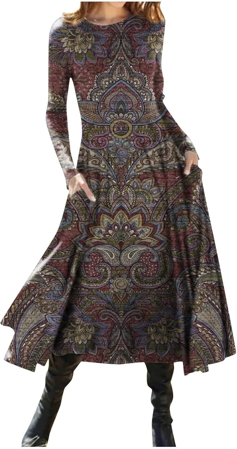 Womens Dresses Fall 2024 Fashion Floral Printed Long Dress Long Sleeve Round Neck Sundress