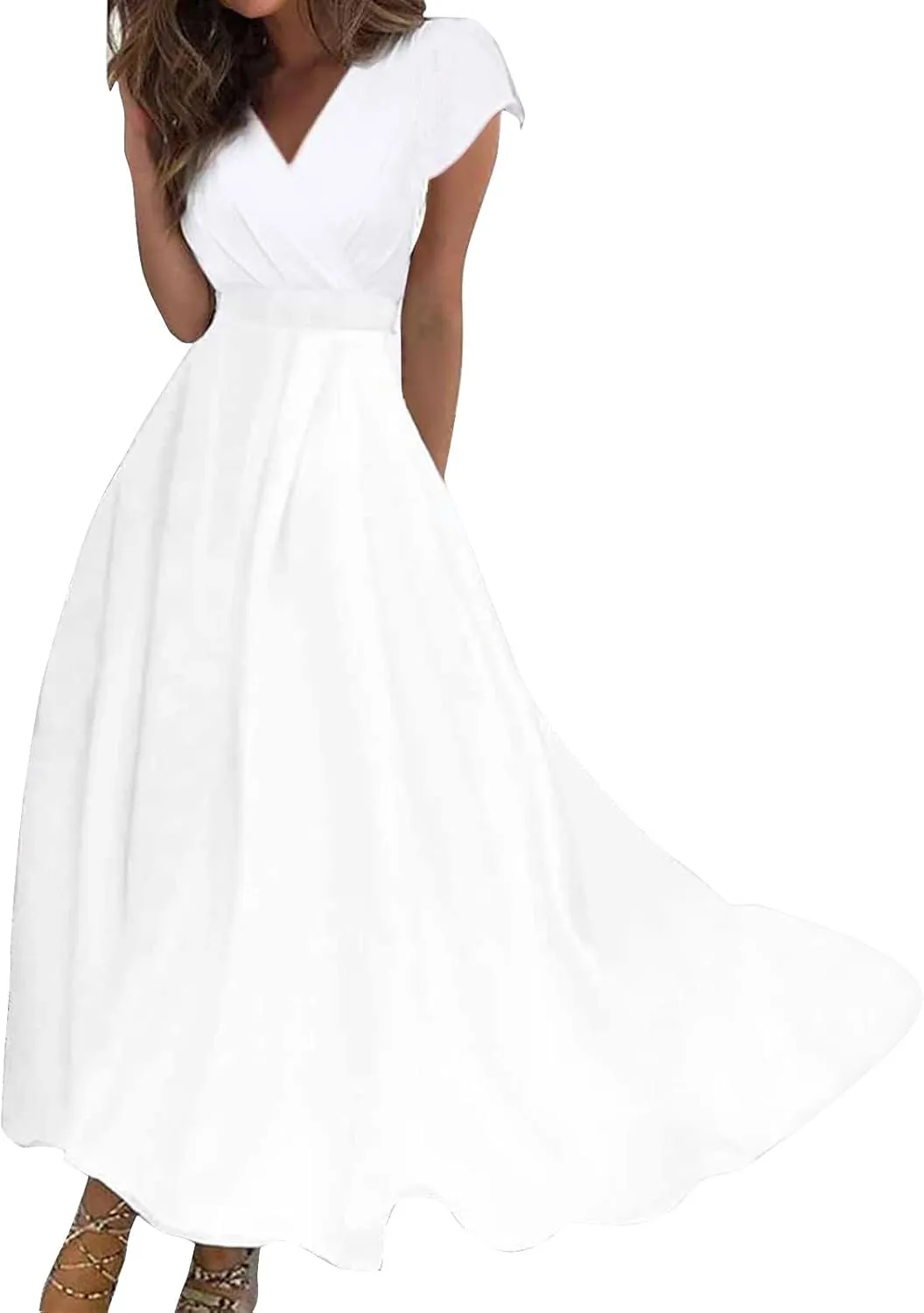 Womens Dresses Wrap V Neck Cap Sleeve Sundresses Elegant Flowy Long Dresses Floral Print Loose Beach Dress