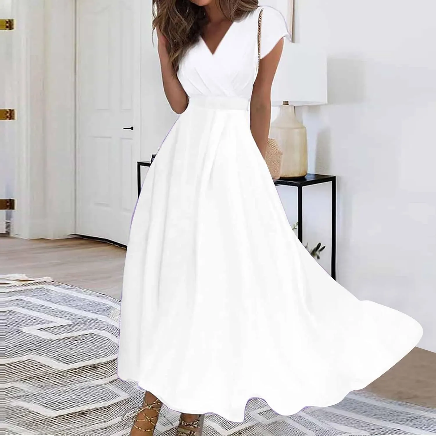 Womens Dresses Wrap V Neck Cap Sleeve Sundresses Elegant Flowy Long Dresses Floral Print Loose Beach Dress