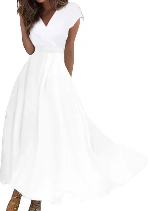 Womens Dresses Wrap V Neck Cap Sleeve Sundresses Elegant Flowy Long Dresses Floral Print Loose Beach Dress