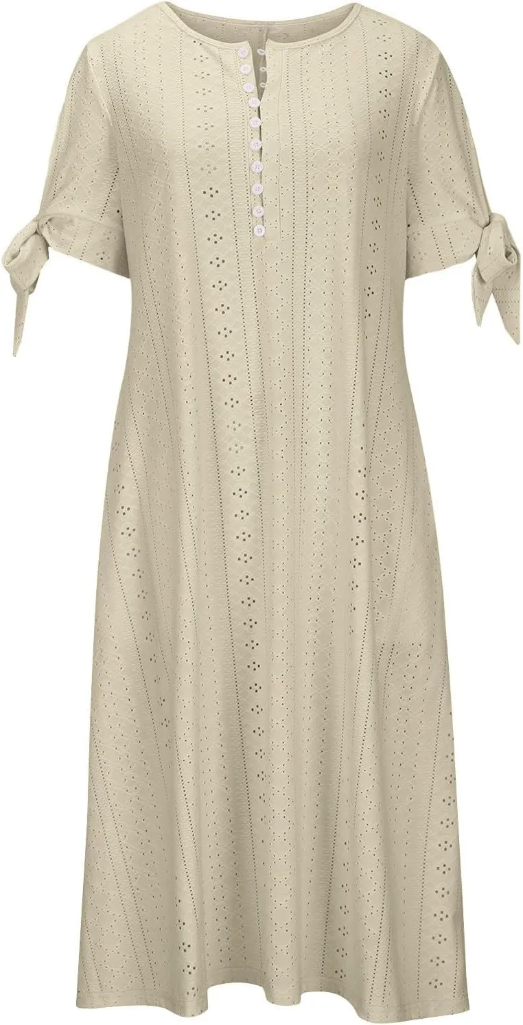 Womens Eyelet Pastel Dress Button V Neck Tie Knot Short Sleeve Flowy Dresses Boho Vacation Midi Dresses with Pockets