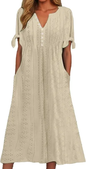 Womens Eyelet Pastel Dress Button V Neck Tie Knot Short Sleeve Flowy Dresses Boho Vacation Midi Dresses with Pockets