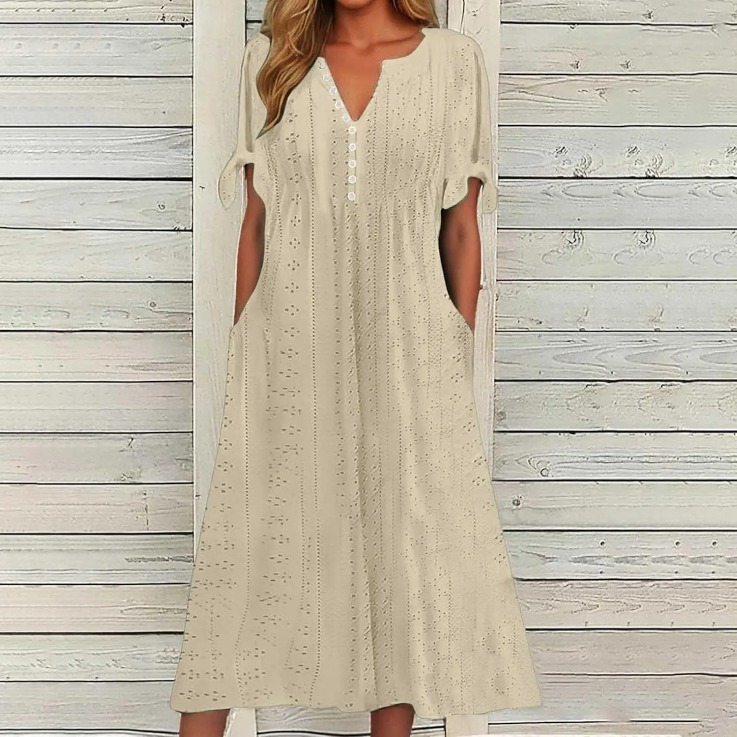 Womens Eyelet Pastel Dress Button V Neck Tie Knot Short Sleeve Flowy Dresses Boho Vacation Midi Dresses with Pockets