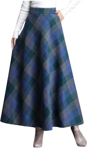 Womens Fall Winter High Waist A-Line Pleated Wool Midi Length Skirt A-Line Plaid Vintage Dressy Elegant Maxi Skirts