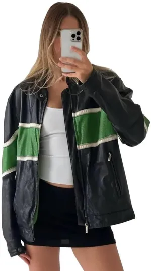 Womens Fashion 90'S Ultra Vintage Oversized Stripe Biker Rider Moto Genuine Leather Bomber Jacket