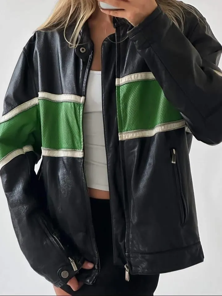 Womens Fashion 90'S Ultra Vintage Oversized Stripe Biker Rider Moto Genuine Leather Bomber Jacket