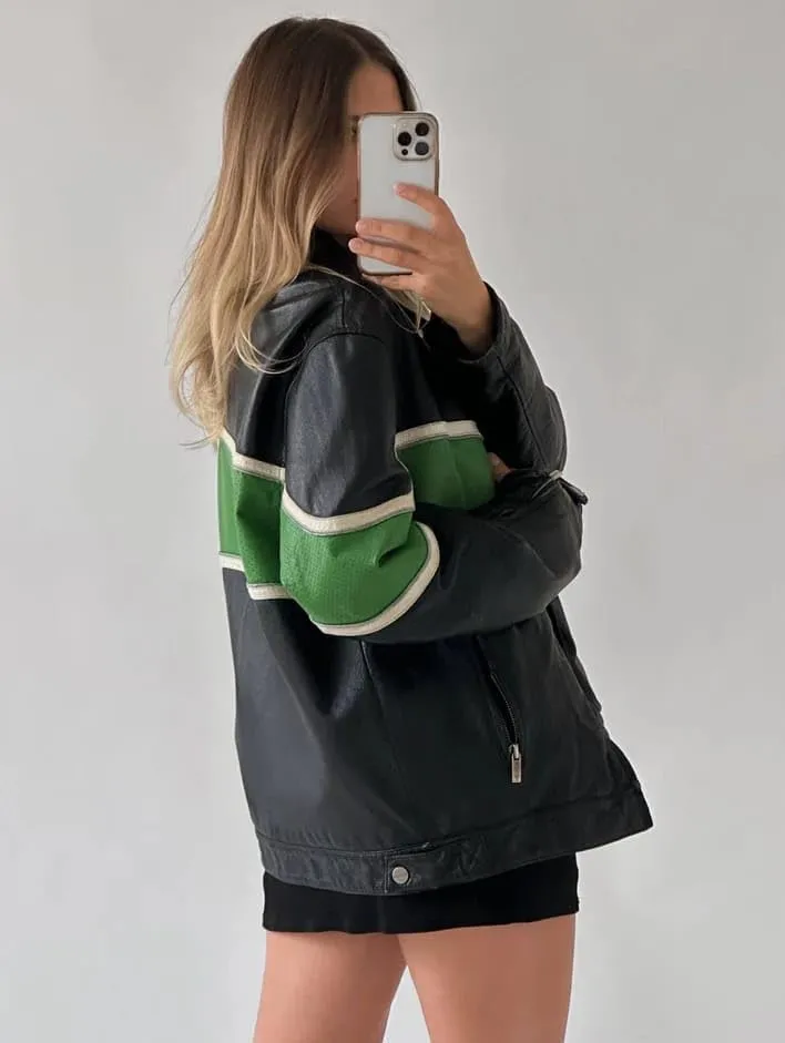 Womens Fashion 90'S Ultra Vintage Oversized Stripe Biker Rider Moto Genuine Leather Bomber Jacket