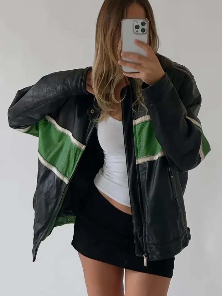 Womens Fashion 90'S Ultra Vintage Oversized Stripe Biker Rider Moto Genuine Leather Bomber Jacket