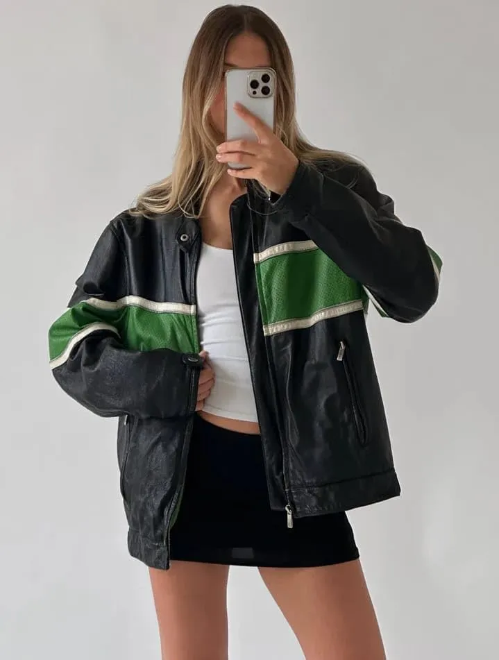 Womens Fashion 90'S Ultra Vintage Oversized Stripe Biker Rider Moto Genuine Leather Bomber Jacket