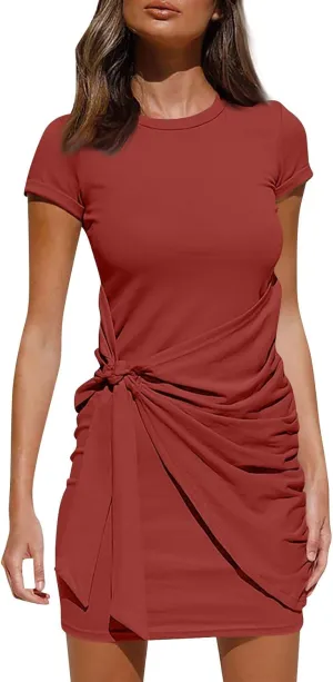Women's Fashion Solid Color Sleeveless Round Neck Irregular Tie Short Dresses Summer Outfits for Women