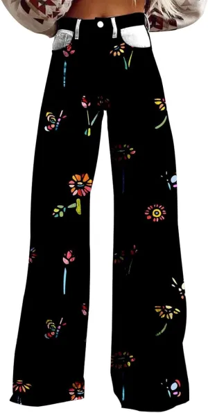 Womens Fashion Trousers Wide Leg High Waist Button Down Loose Cute Printed Long Trousers Going Out Party Stretch Pants