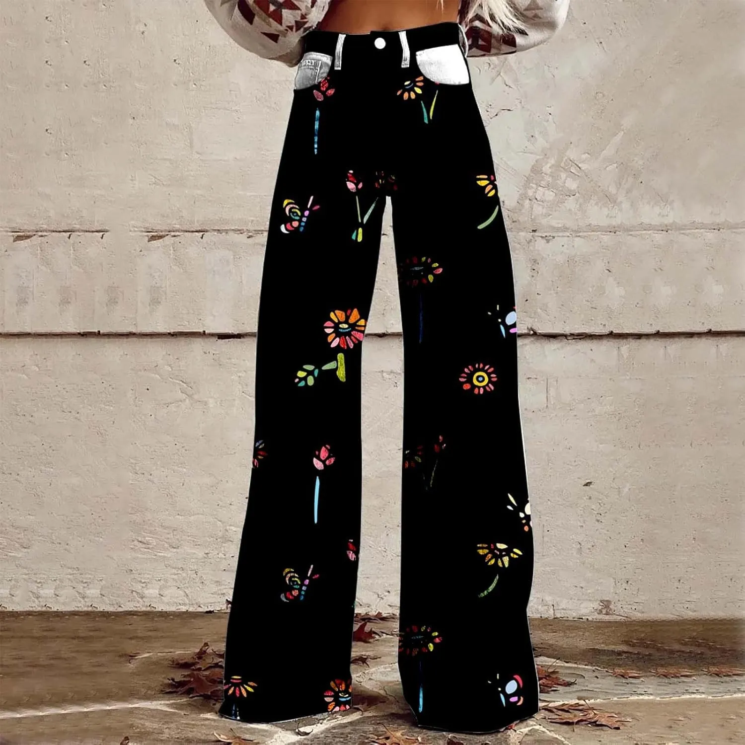 Womens Fashion Trousers Wide Leg High Waist Button Down Loose Cute Printed Long Trousers Going Out Party Stretch Pants