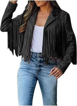 Womens Faux Suede Leather Jacket Fashion Fringe Cropped Coat Solid Motorcycle Outwear Casual Tassels Cardigan