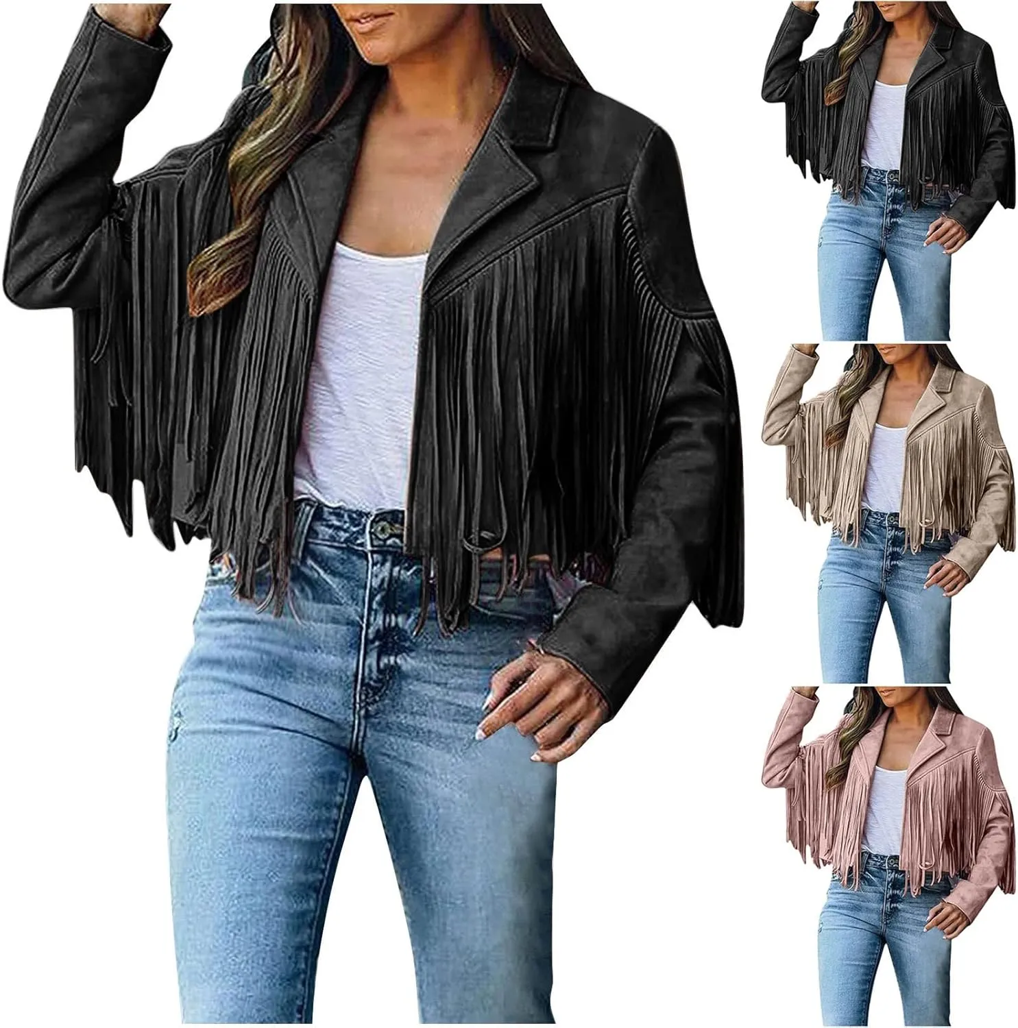 Womens Faux Suede Leather Jacket Fashion Fringe Cropped Coat Solid Motorcycle Outwear Casual Tassels Cardigan