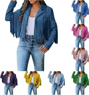 Women's Faux Suede Tassel Leather Jackets Long Sleeve Short Fringe Jacket Motorcycle Lapel Open Front Outerwear