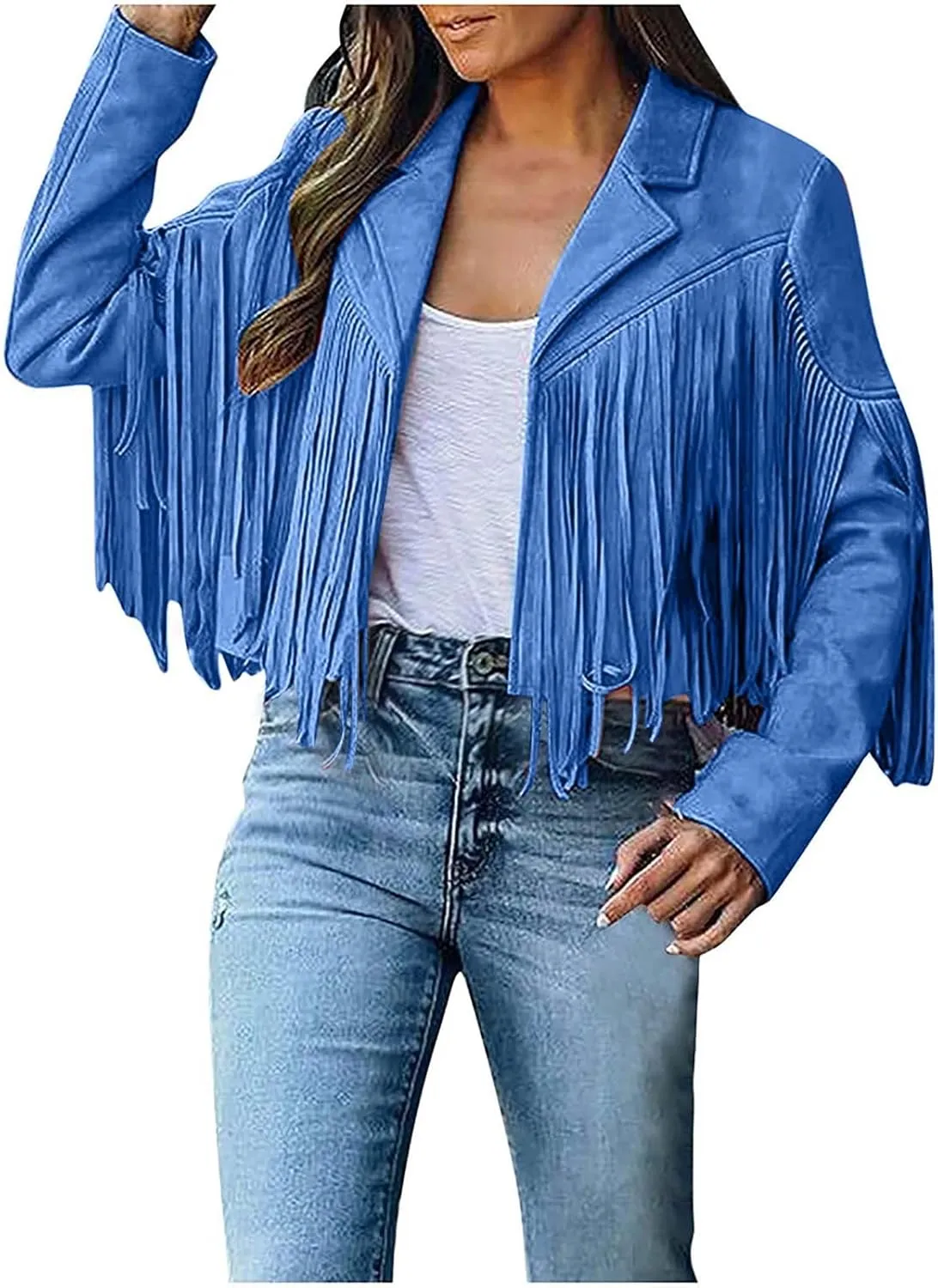 Women's Faux Suede Tassel Leather Jackets Long Sleeve Short Fringe Jacket Motorcycle Lapel Open Front Outerwear