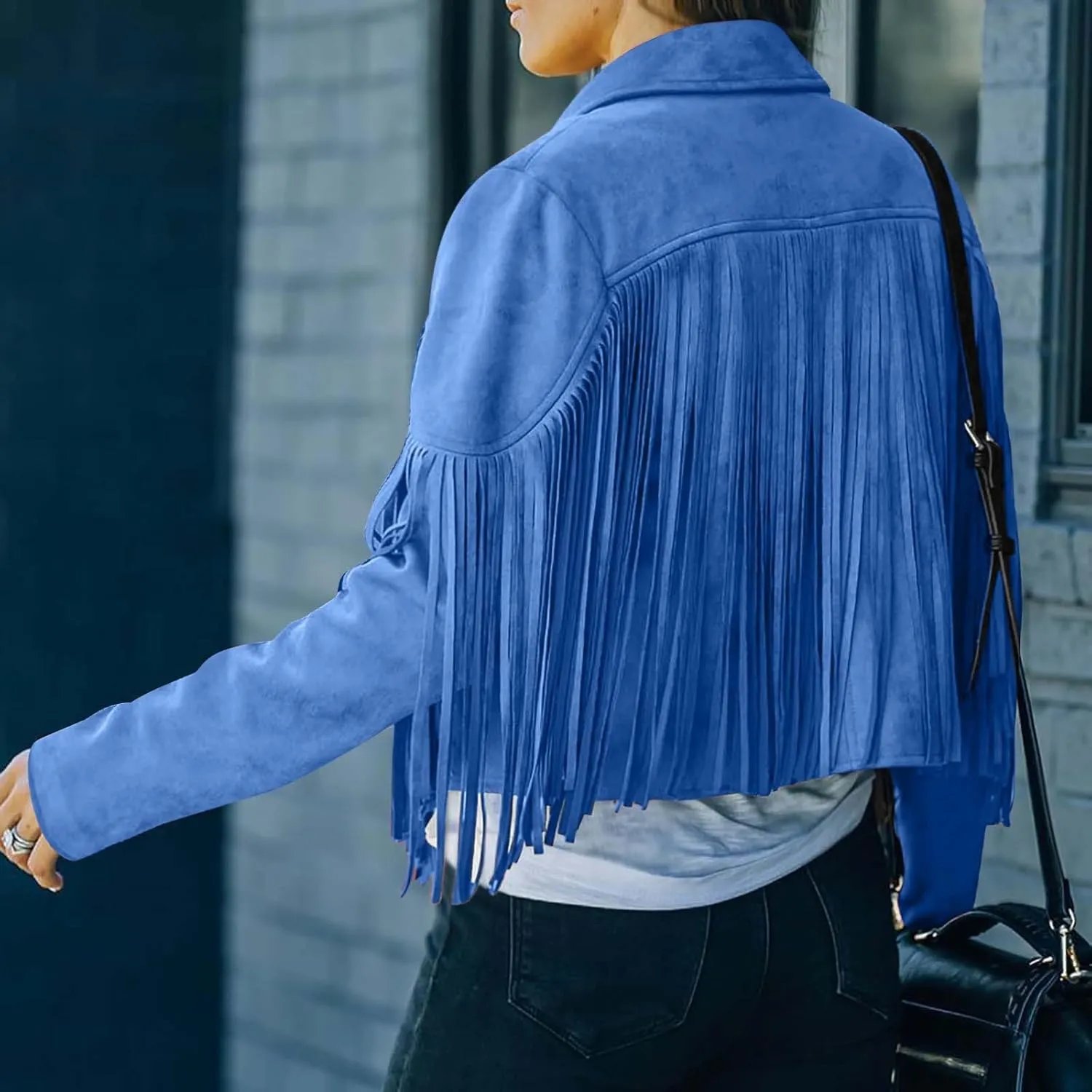 Women's Faux Suede Tassel Leather Jackets Long Sleeve Short Fringe Jacket Motorcycle Lapel Open Front Outerwear