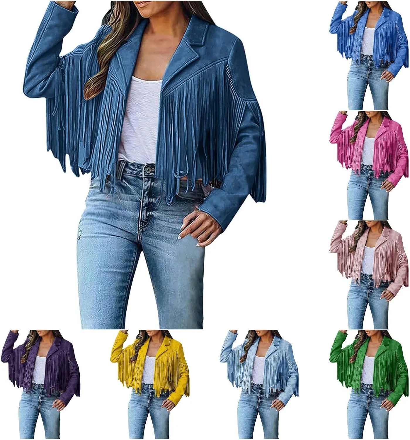 Women's Faux Suede Tassel Leather Jackets Long Sleeve Short Fringe Jacket Motorcycle Lapel Open Front Outerwear
