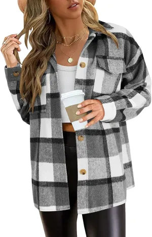 Womens Flannel Plaid Shirt Shacket Jacket Fleece Lapel Long Sleeve Button Down Jacket Coats Cardigans with Pockets