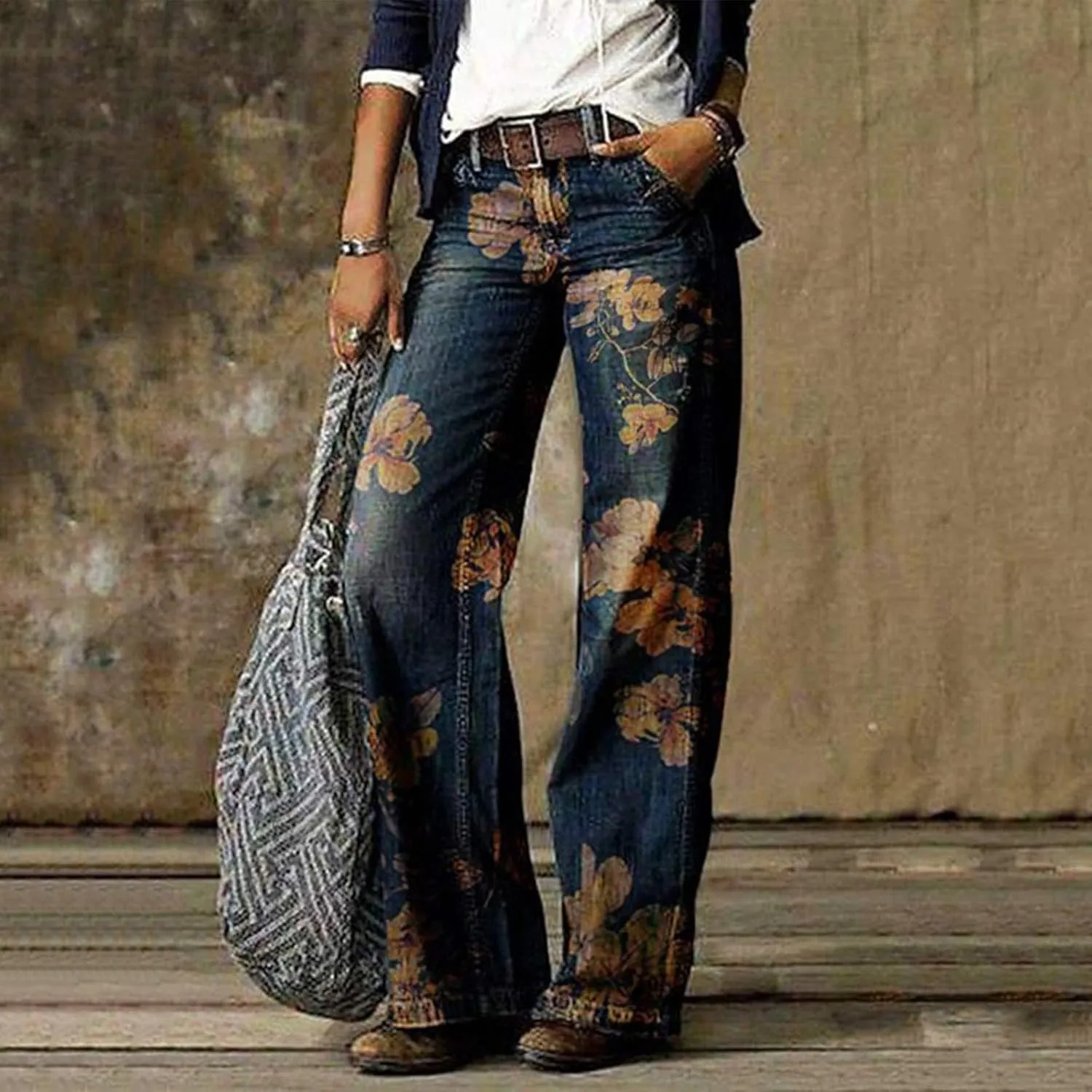 Women's Flower Printed Jeans Stretchy High Waisted Trouser Baggy Straight Wide Leg Casual Imitation Denim Pants